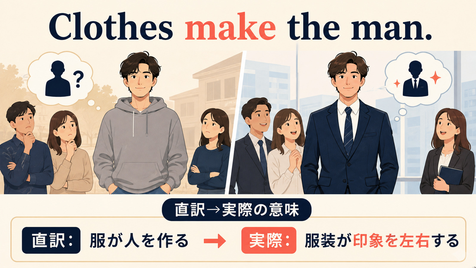 Clothes make the man.の直訳と実際の意味を比較する解説イラスト