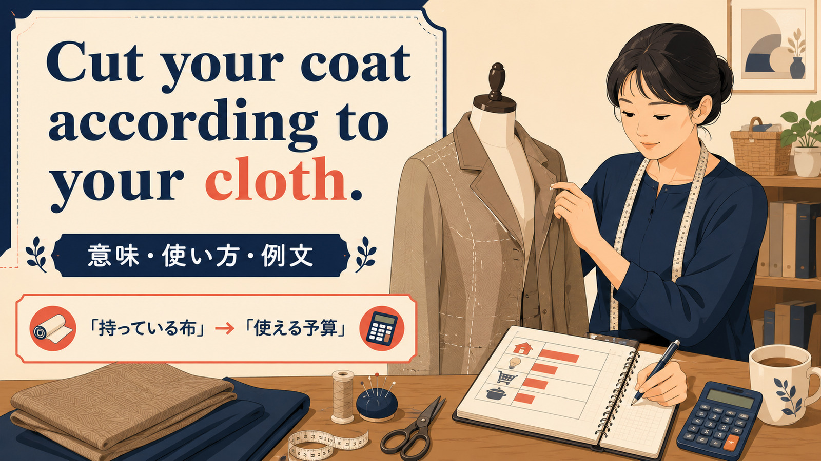 Cut your coat according to your cloth.の意味・使い方・ニュアンスを解説するアイキャッチ画像