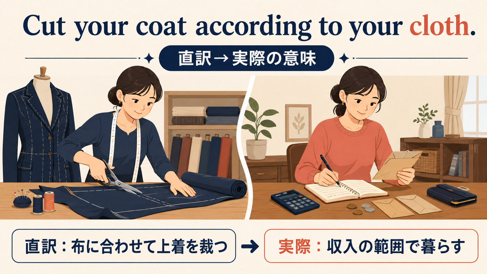 Cut your coat according to your cloth.の意味は？使い方・ニュアンスと例文