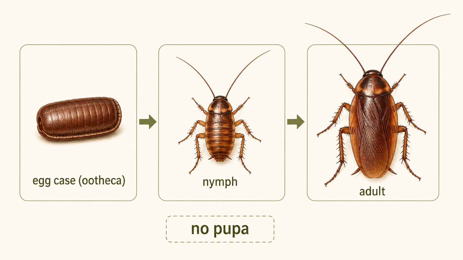 ゴキブリの不完全変態:卵鞘、幼虫、成虫(蛹なし)