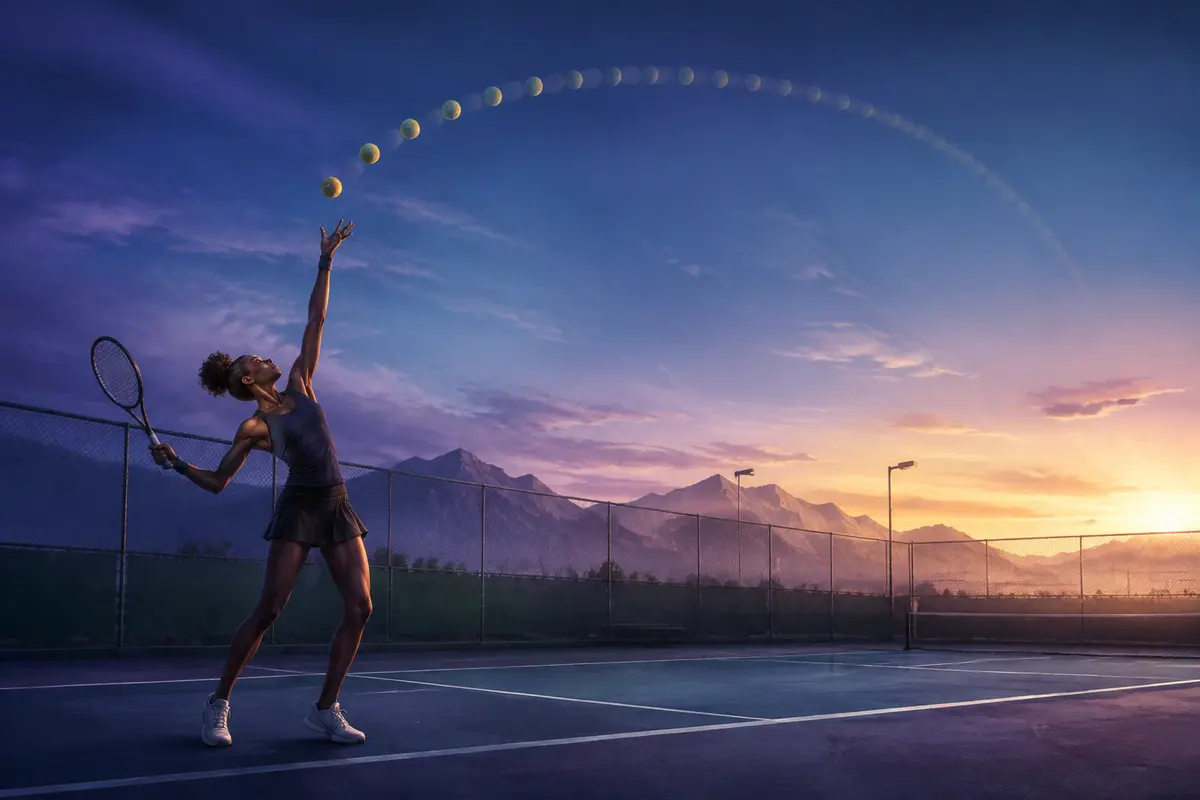 A young tennis player practicing one serve at a time from blue hour until sunrise