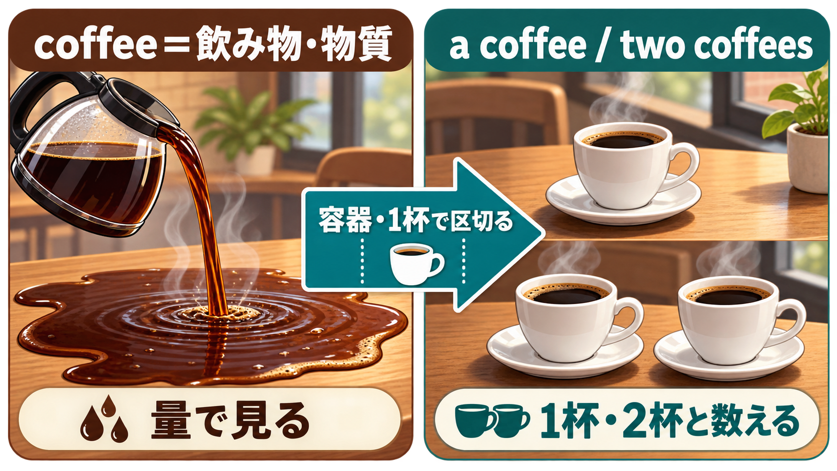 coffeeを飲み物の量として見る場合と1杯単位で数える場合の図解