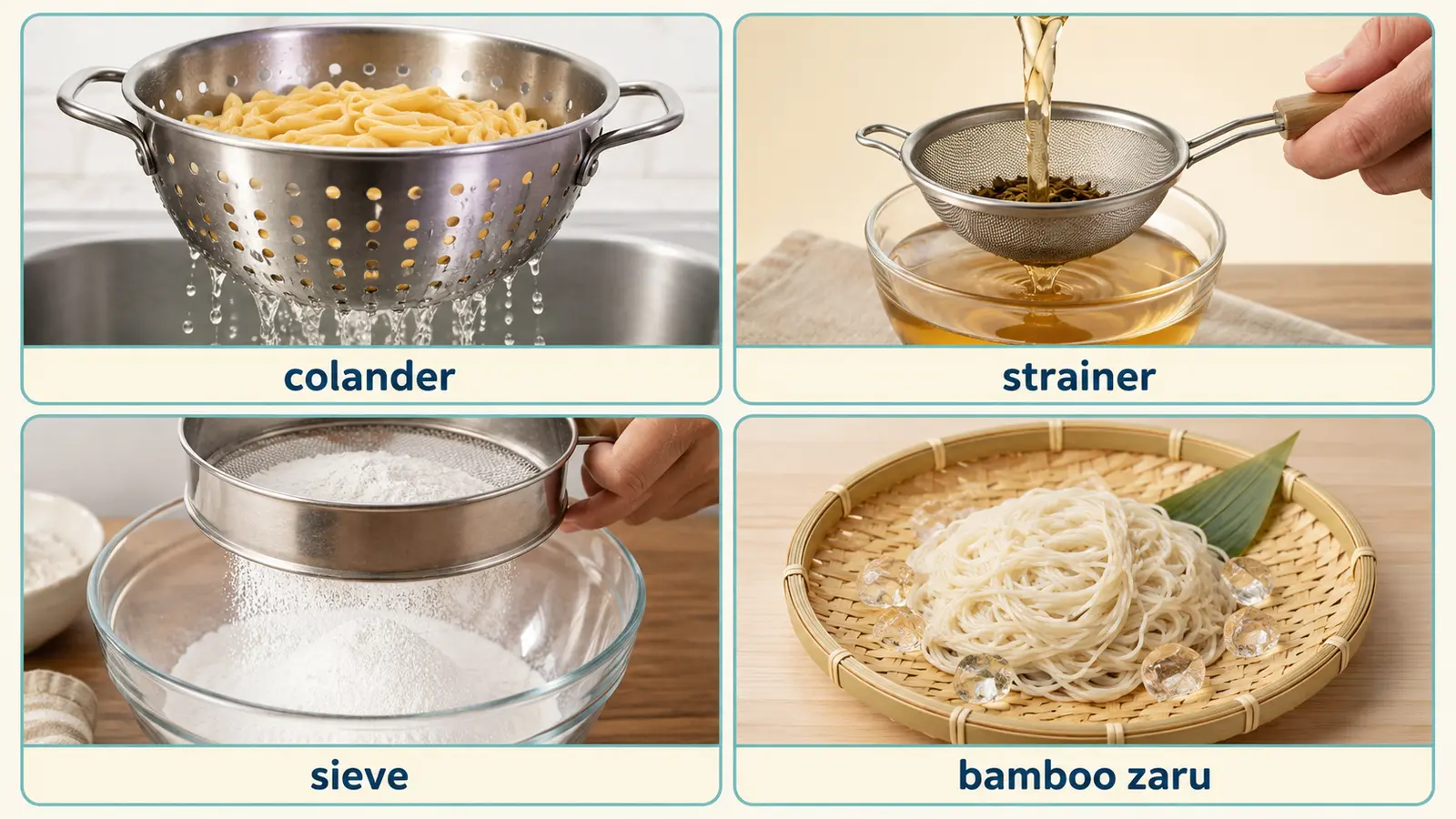 colander、strainer、sieve、bamboo zaruの形と用途の違い