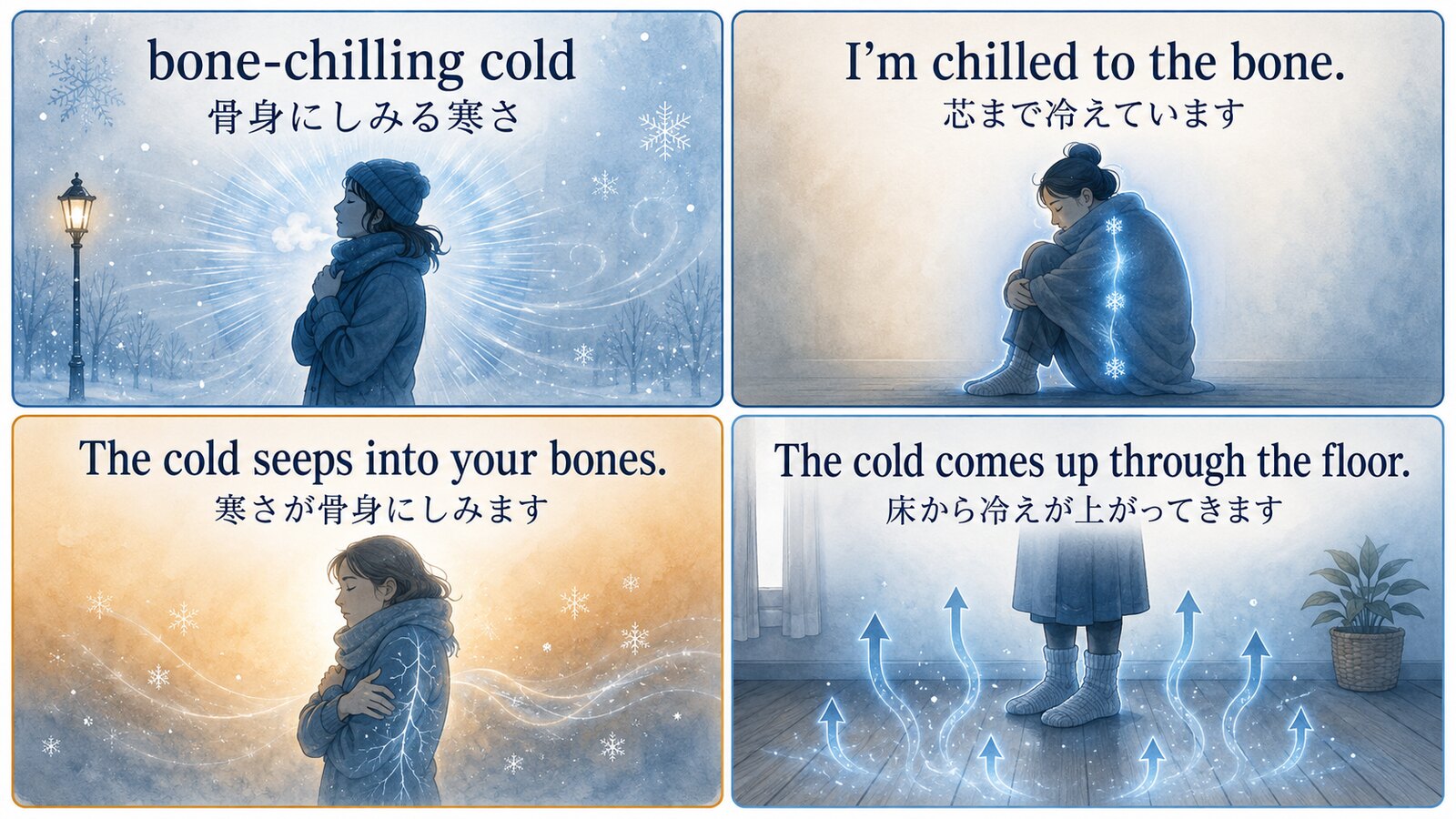 bone-chilling cold・chilled to the bone・cold seeps into your bones・床から冷えるを比較した英語図解