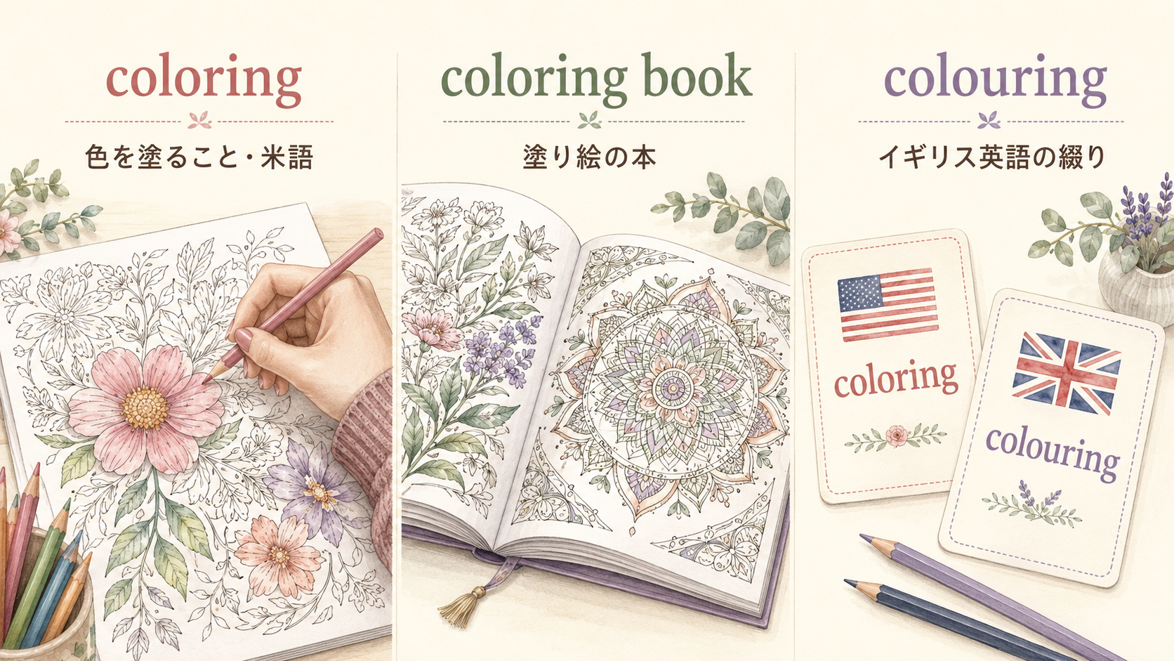 coloring・colouring・coloring bookの違いを示す比較イラスト