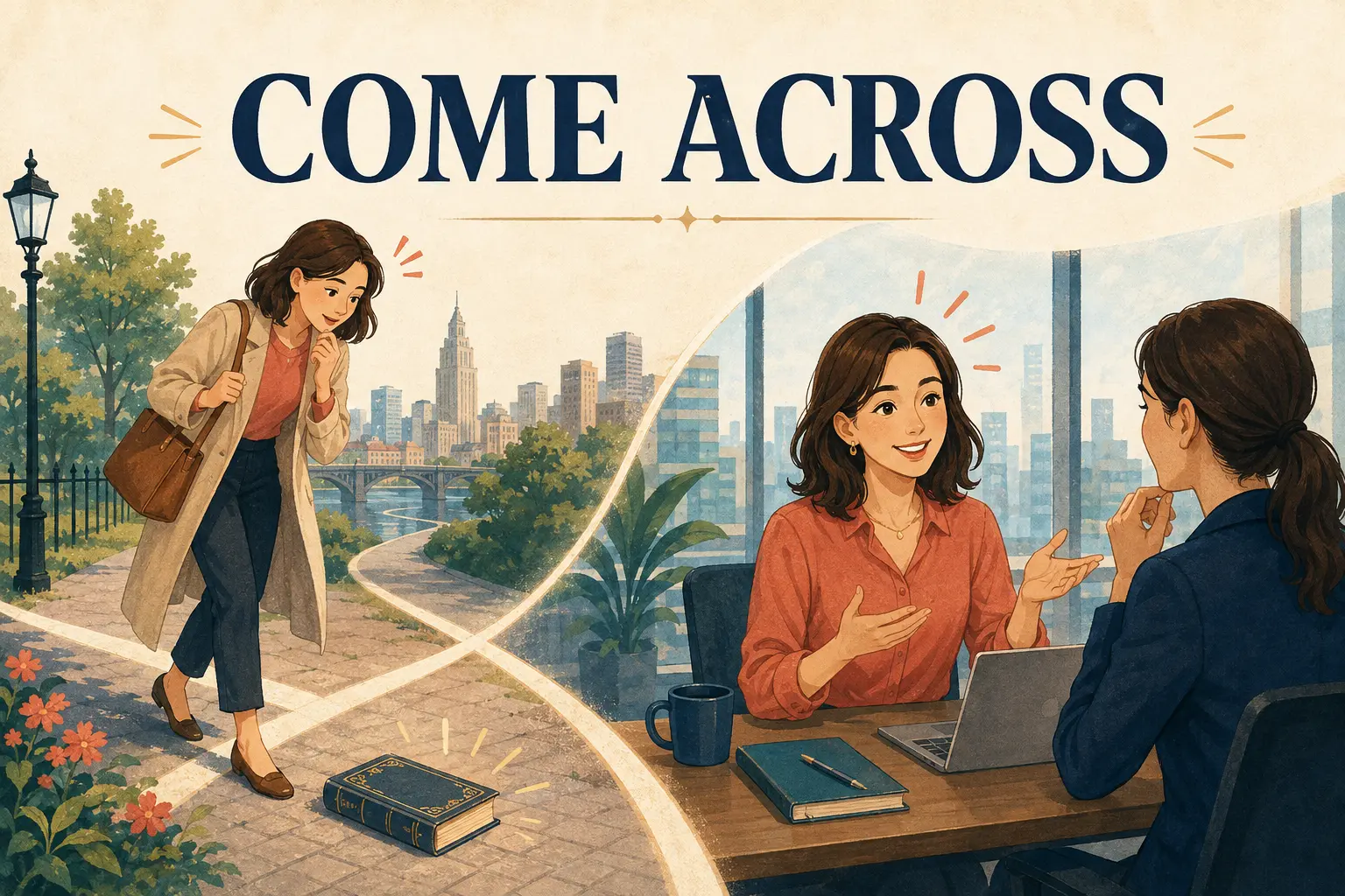 COME ACROSSの文字と、偶然本を見つける場面・会話で印象を与える場面を描いたイラスト