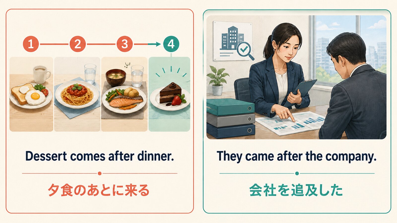 come afterの2つの意味：時間や順番で後に来る、相手を追及する