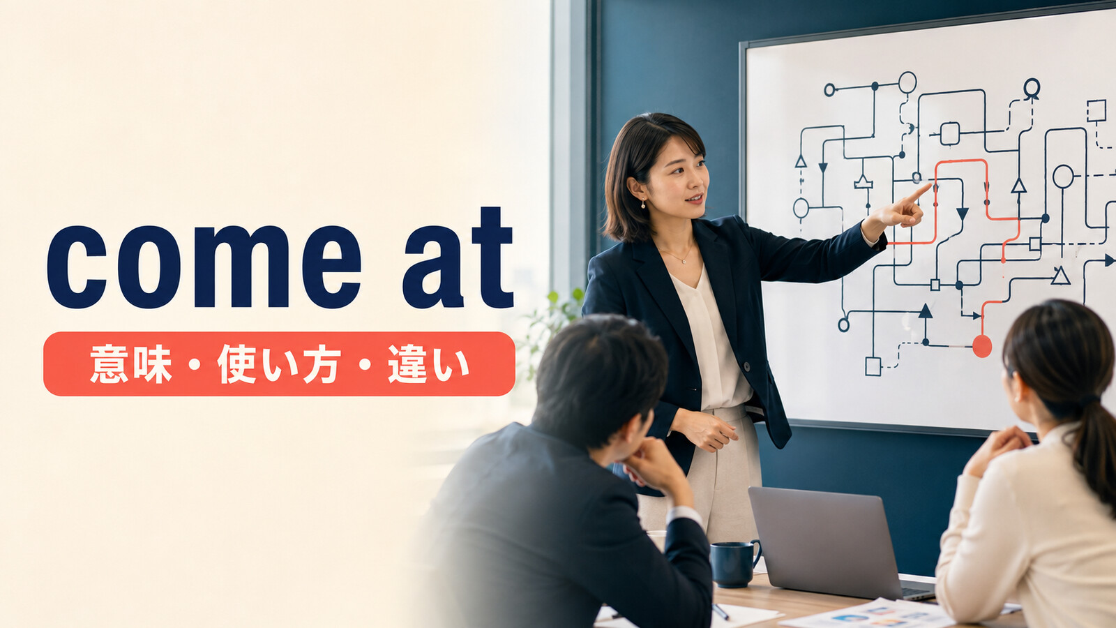 come atの意味・使い方・approachとの違いを解説するアイキャッチ