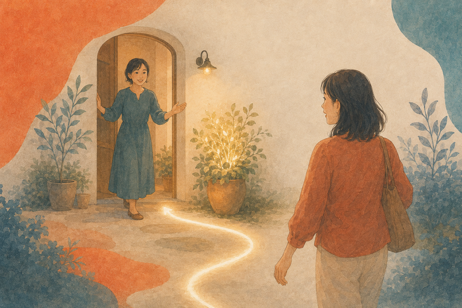 待っている人のいる基準点へ戻ってくる女性