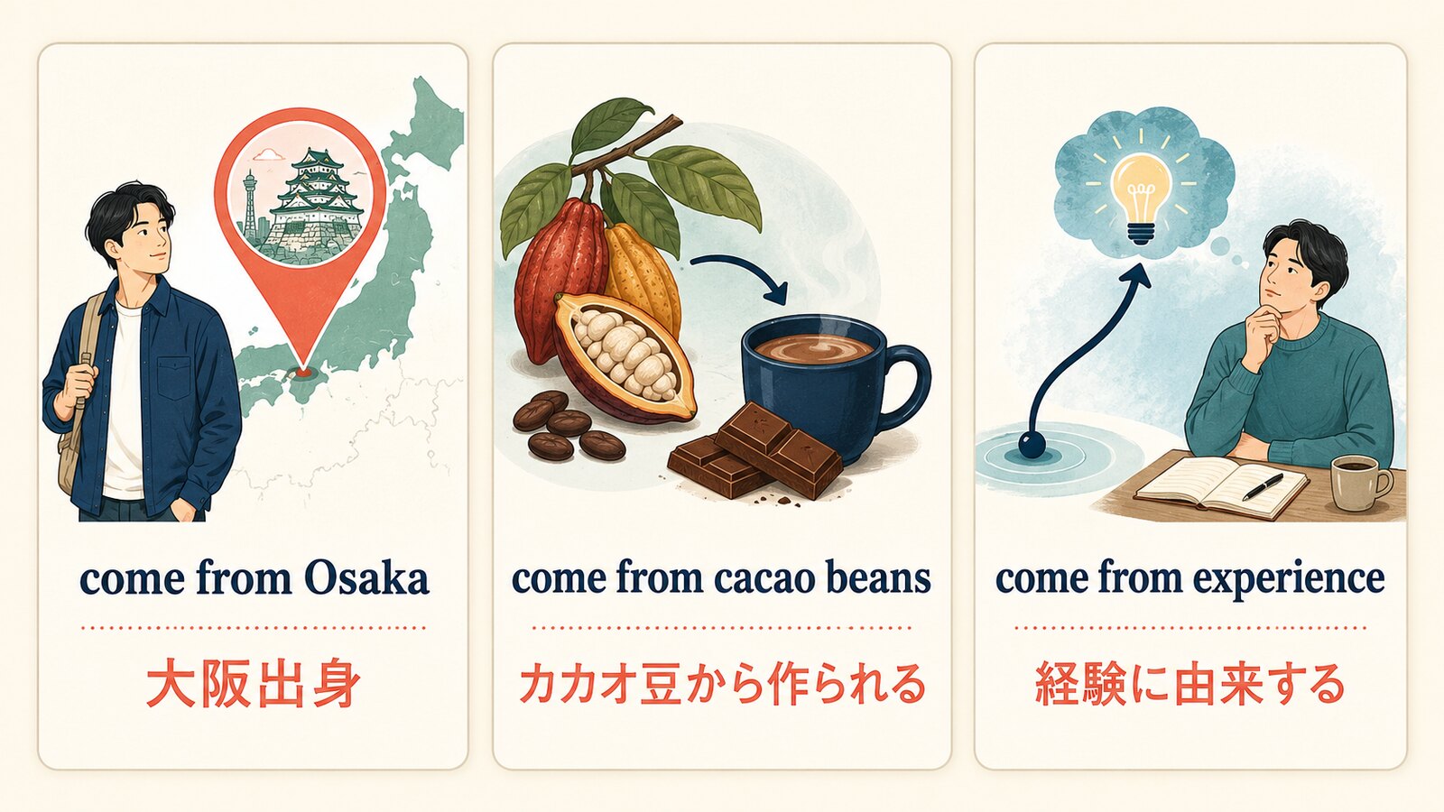 come fromの3つの意味：大阪出身、カカオ豆から作られる、経験に由来する
