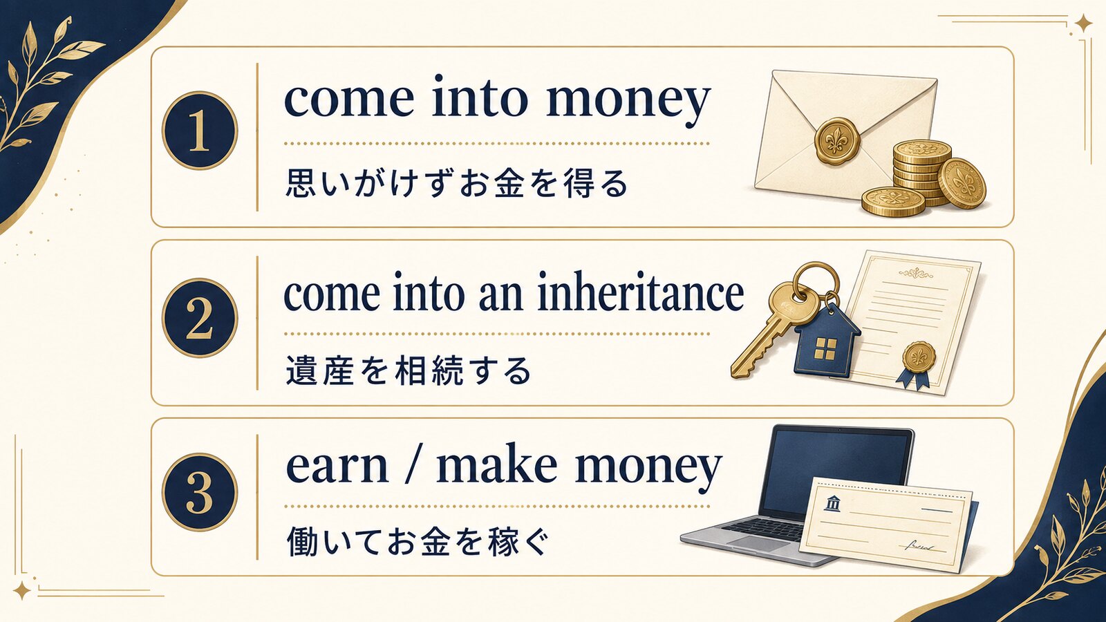 come into money、come into an inheritance、earnまたはmake moneyの違い