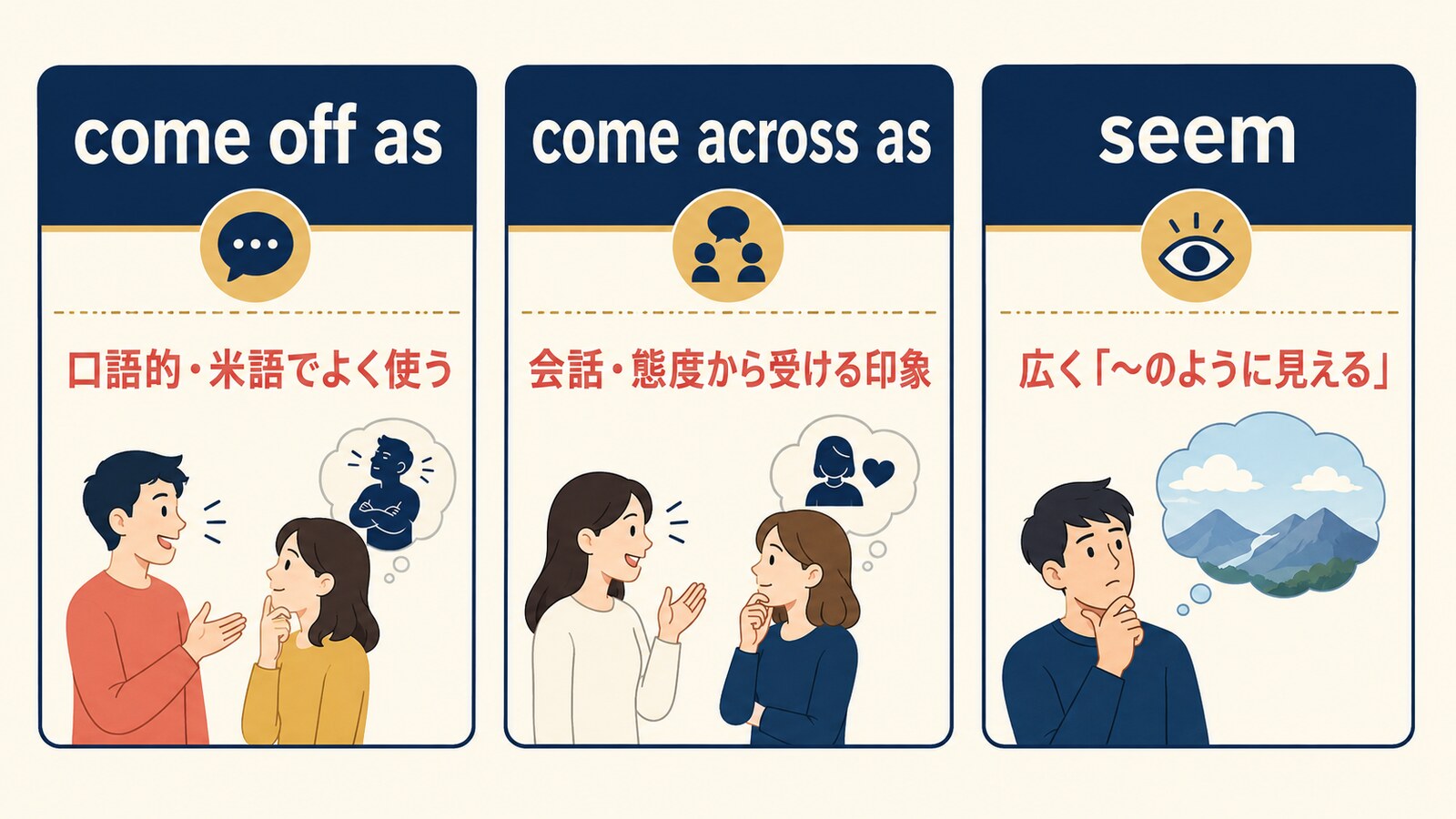 come off as・come across as・seemのニュアンスの違いを比較した解説図
