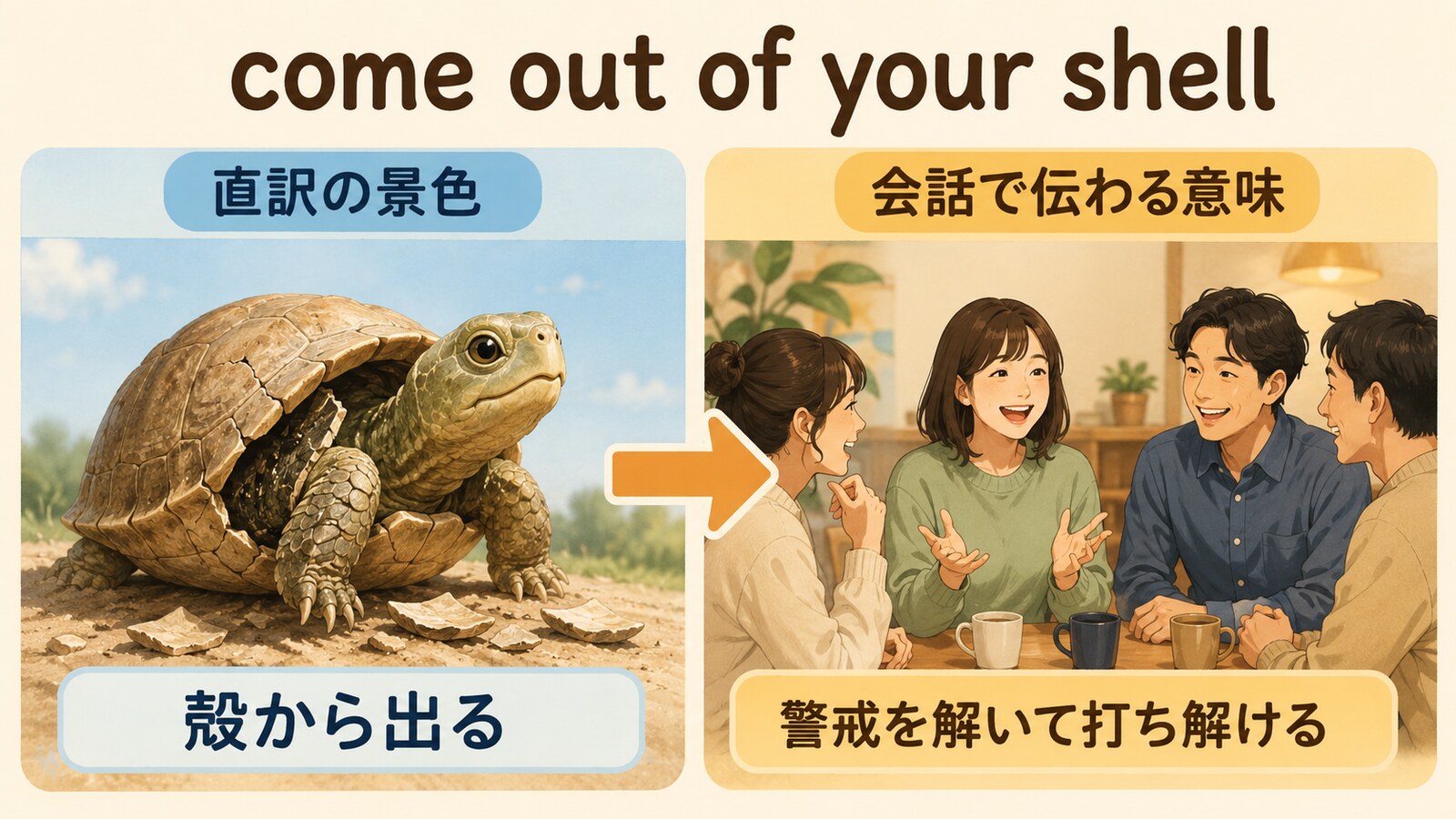 come out of your shellの直訳と会話での意味を比較するイラスト