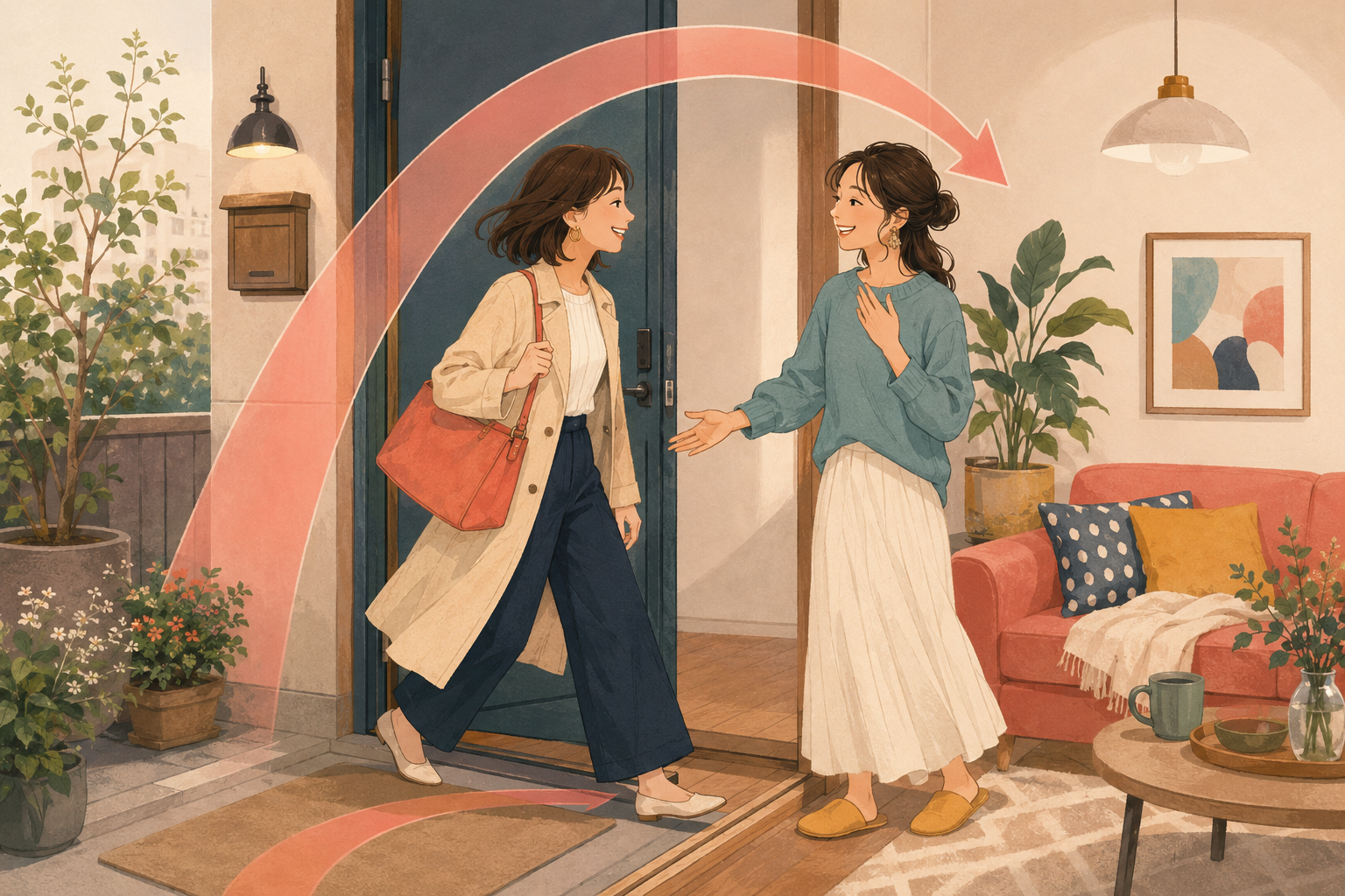 境界を越えて友人の家へやって来る女性