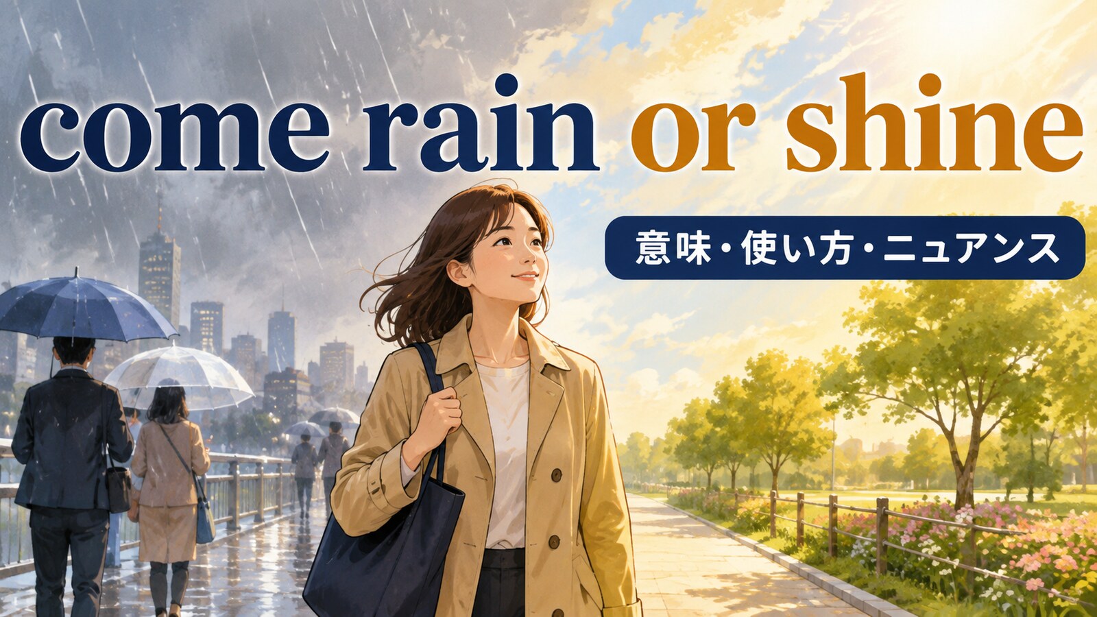 come rain or shineの意味・使い方・例文｜ニュアンスと似た表現との違い