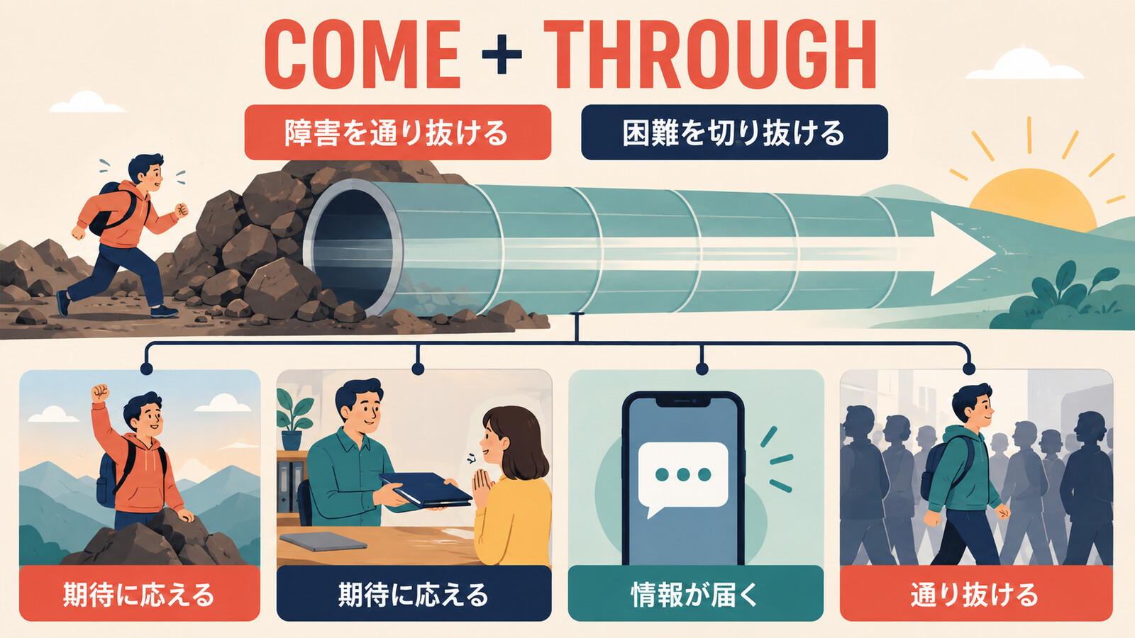 come throughの困難を切り抜ける・期待に応える・情報が届く・通り抜ける意味を示す図