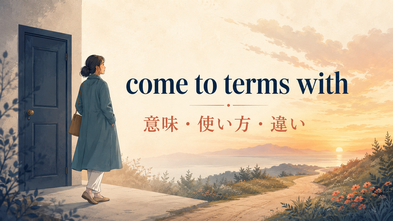 come to terms withの意味・使い方・違いを示すアイキャッチ画像