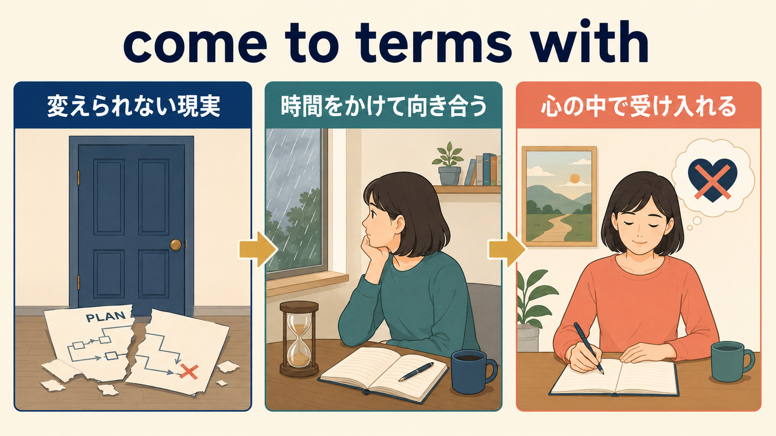 come to terms withの「変えられない現実に時間をかけて向き合い受け入れる」流れを示す解説図