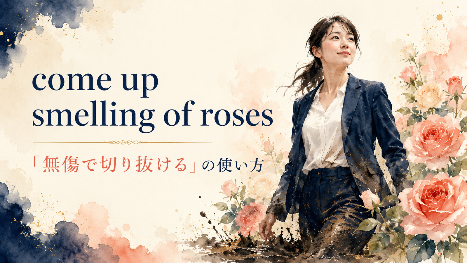come up smelling of rosesの意味・使い方・例文を解説するアイキャッチ画像