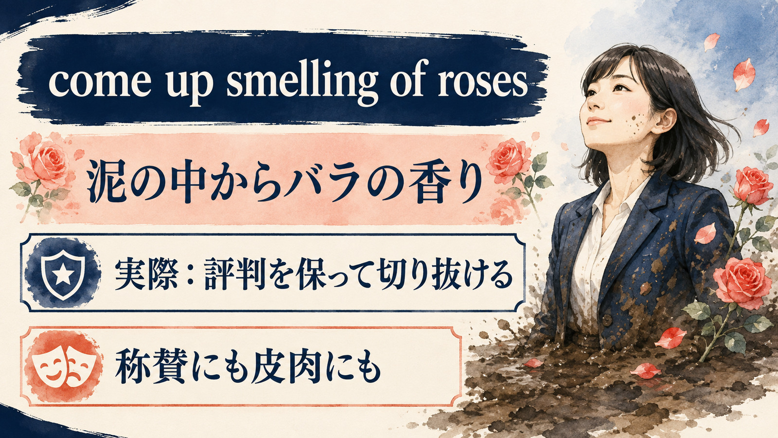 come up smelling of rosesの直訳と実際の意味を比較する本文イラスト