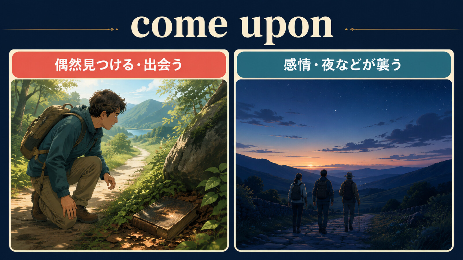 come uponの偶然見つける・出会う意味と感情・夜などが襲う意味を示す図
