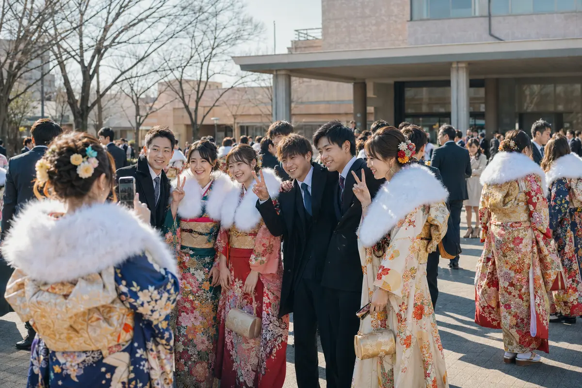 成人の日に振袖やスーツ姿で記念写真を撮る若者たち