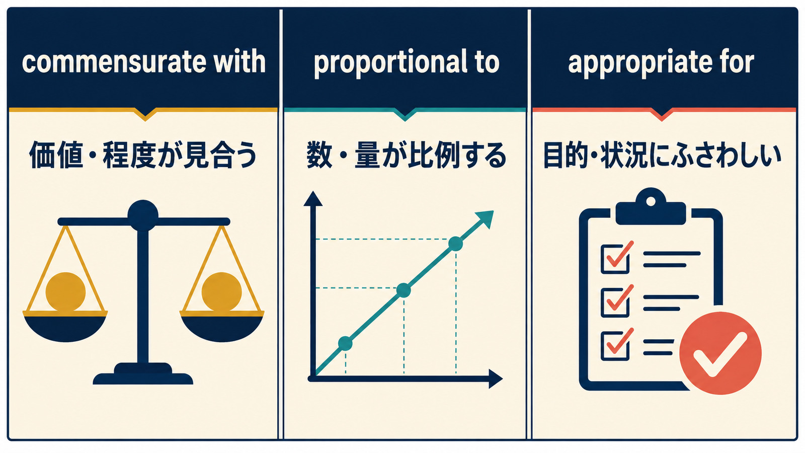 commensurate with・proportional to・appropriate forのニュアンスの違いを比較した図