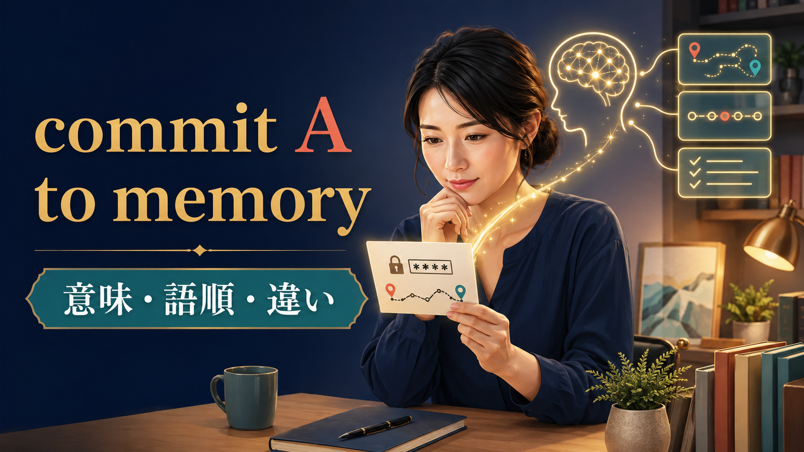 commit A to memoryの意味・語順・memorizeやlearn by heartとの違いを示すアイキャッチ