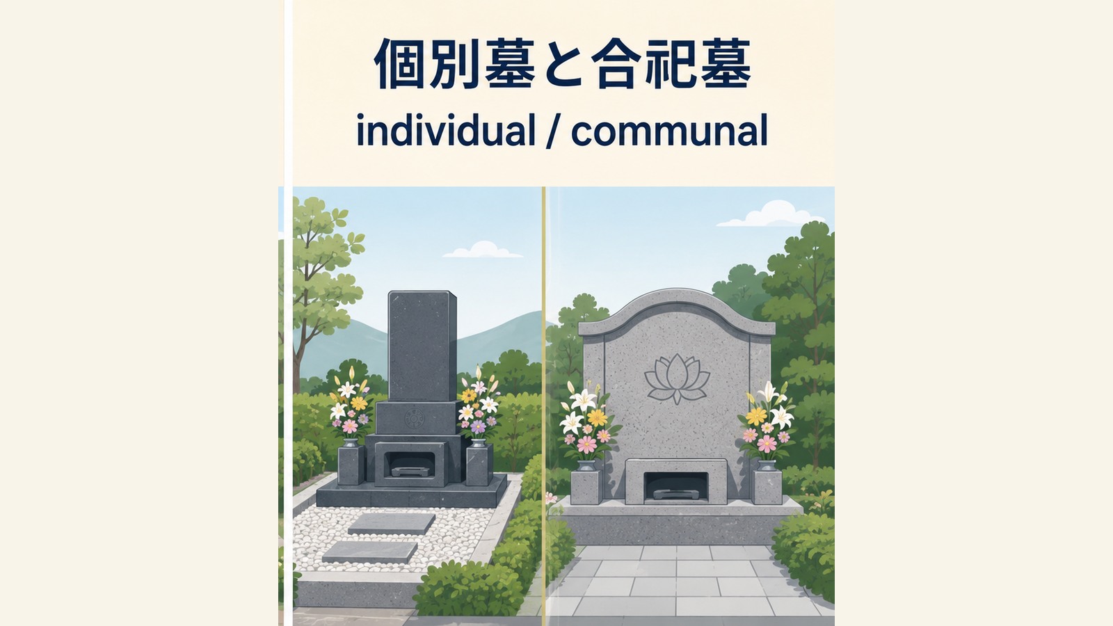合祀墓の英語表現と使い分けを説明するイラスト