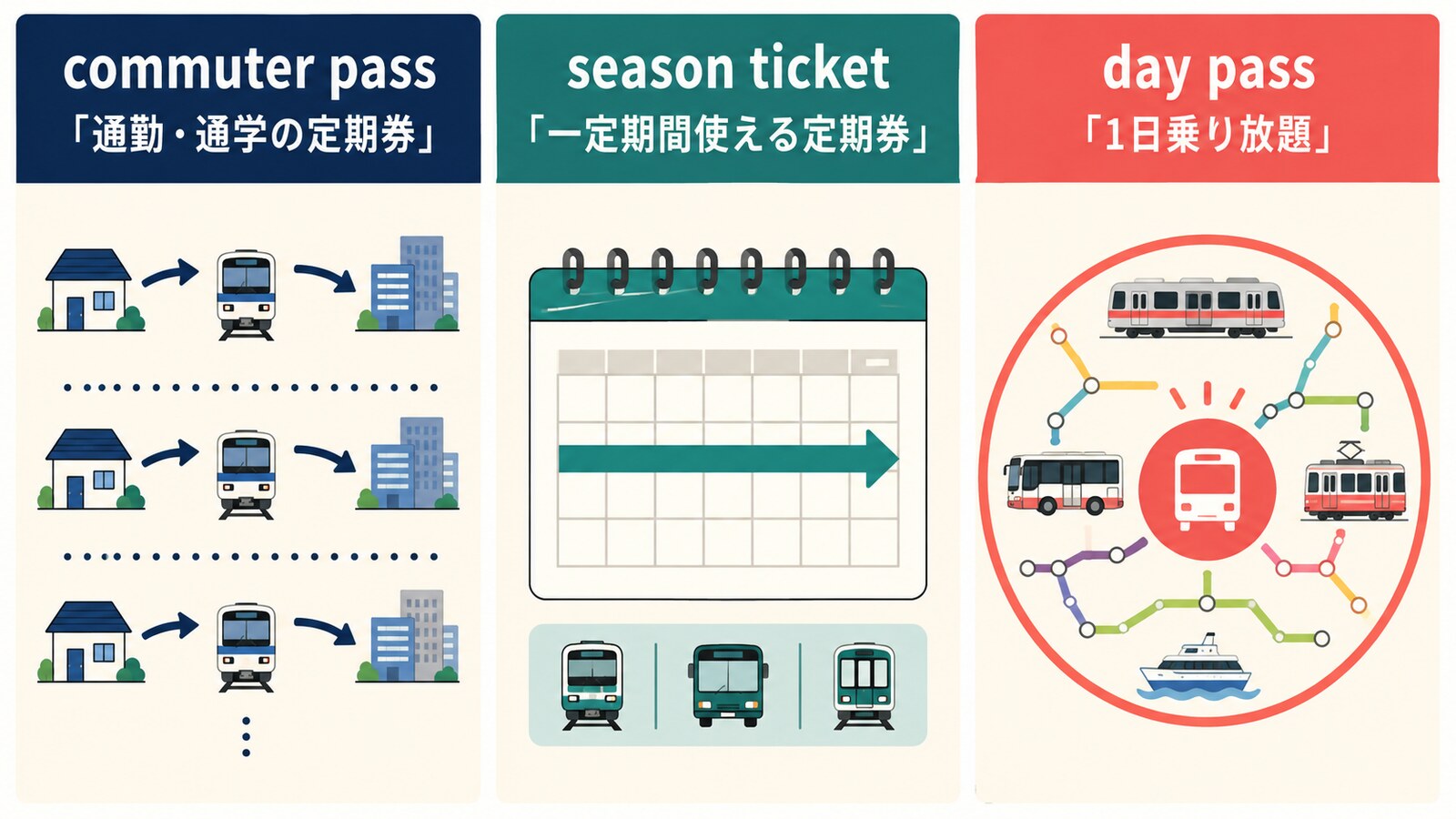 commuter pass・season ticket・day passの違い