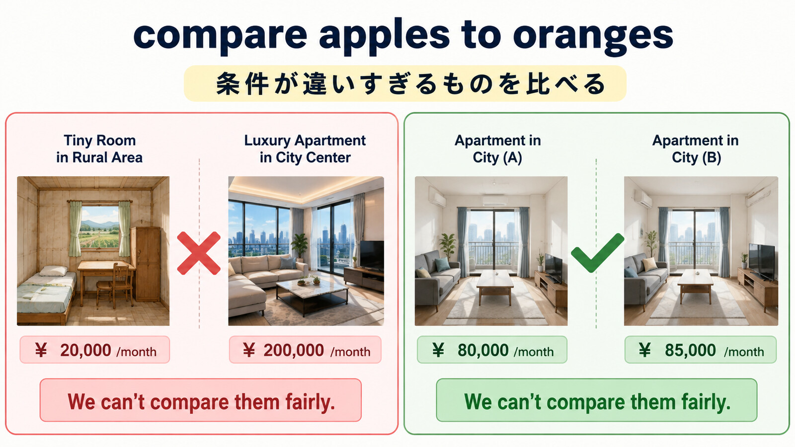 条件の違いすぎる比較と公平な比較を対比するイラスト