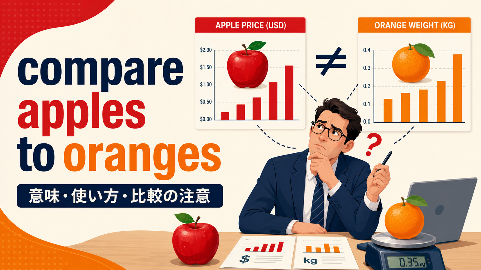 compare apples to orangesの意味と使い方を解説するアイキャッチ画像