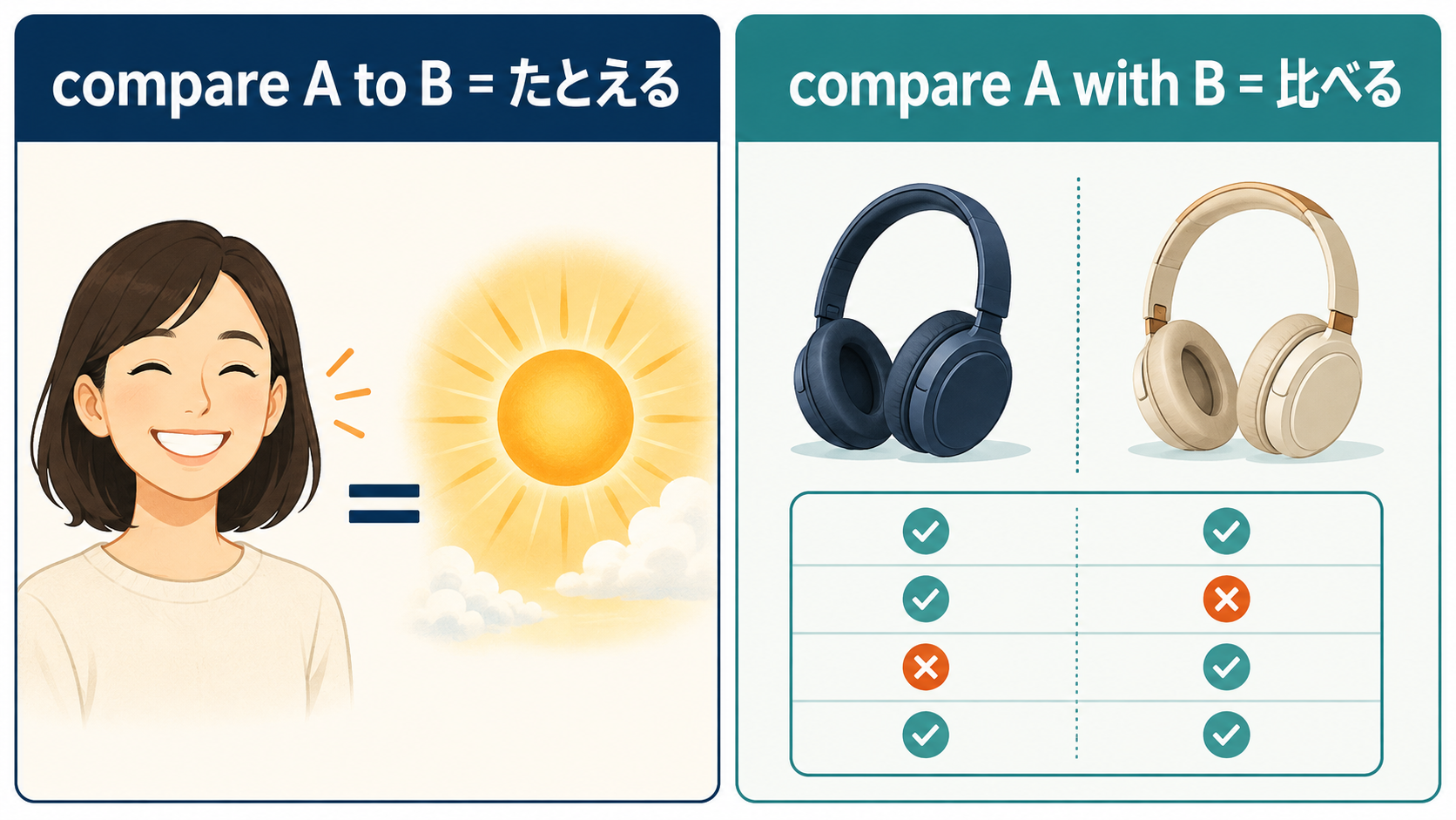 compare A to Bはたとえる、compare A with Bは比べる