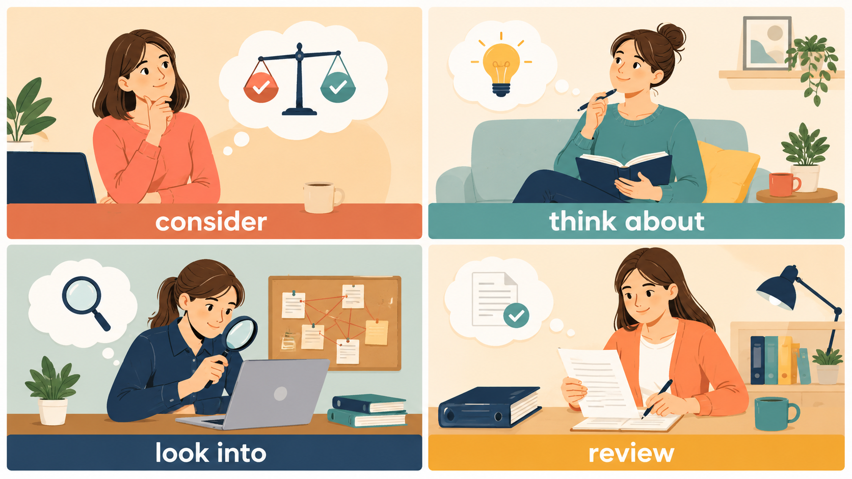 consider、think about、look into、reviewの違いを示す比較イラスト