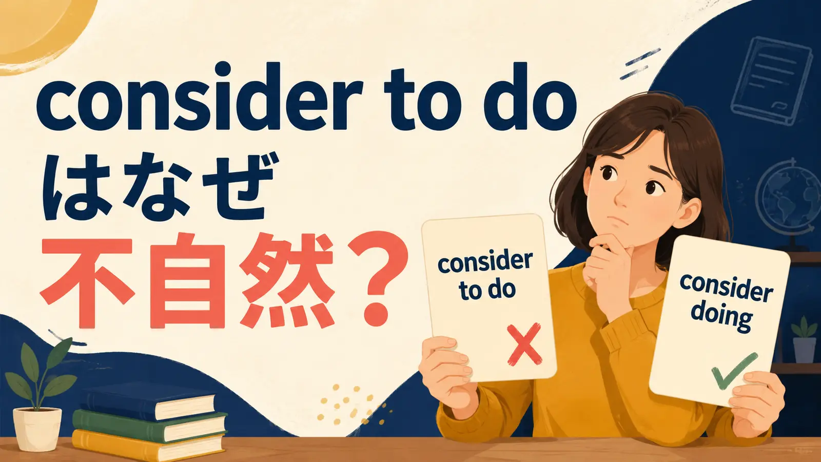 consider to doではなくconsider doingを使う理由を解説するアイキャッチ