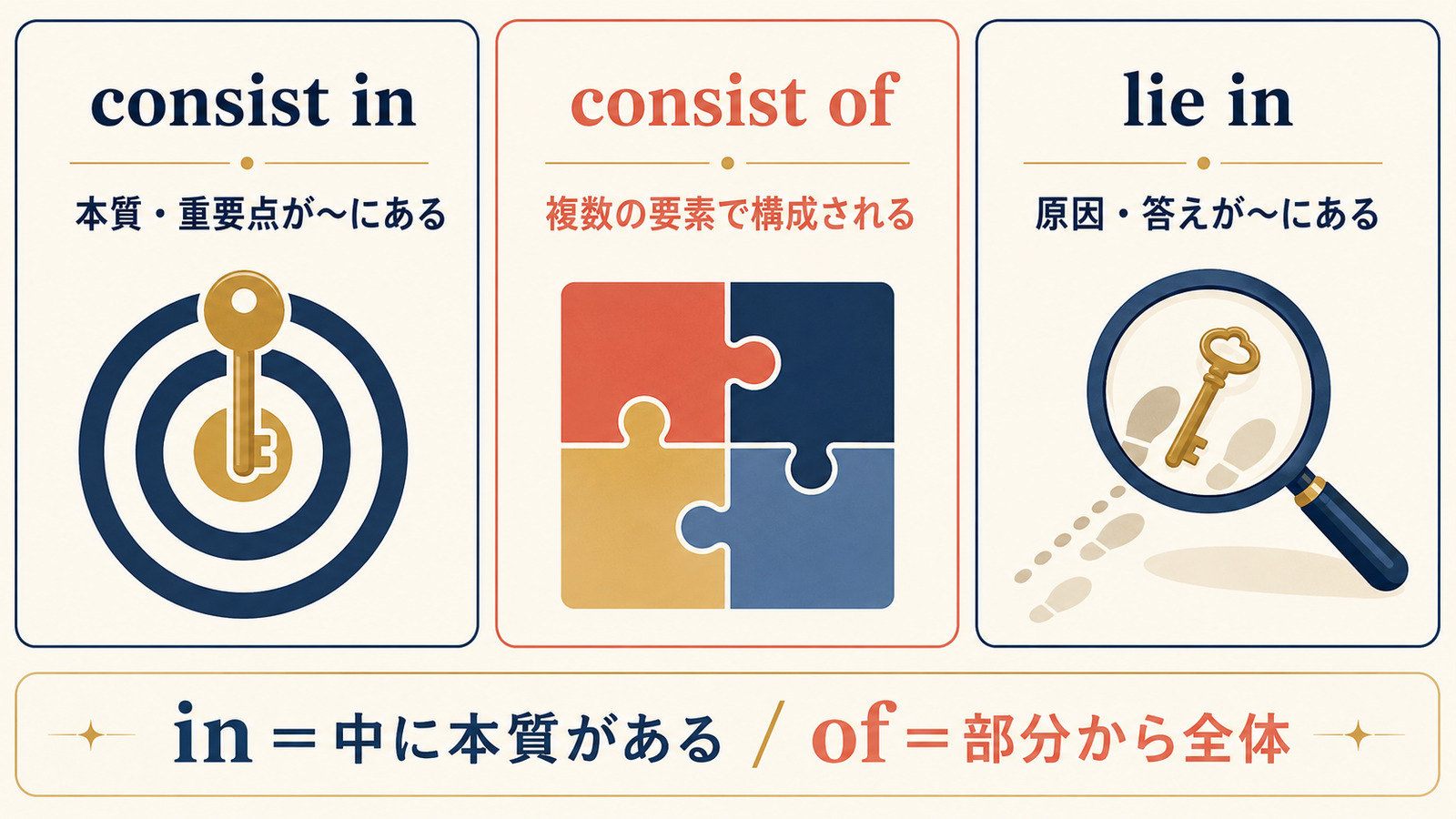 consist inとconsist ofとlie inの意味とニュアンスの違いを示す比較図
