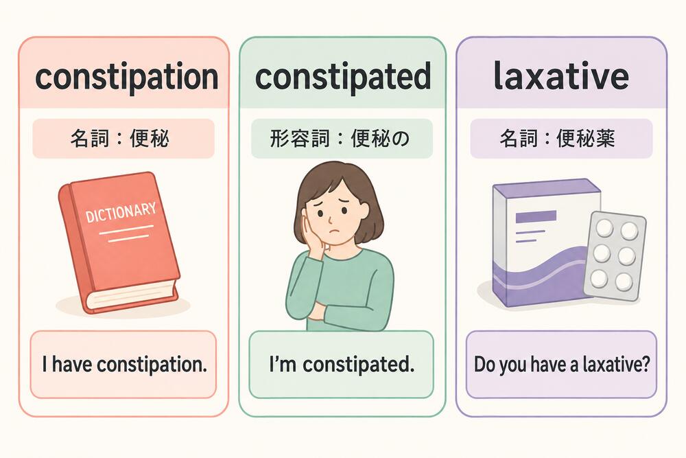 constipation・constipated・laxativeの意味と使い方を示す比較イラスト