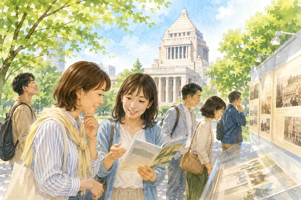 憲法記念日に国会議事堂のそばで日本の憲法や歴史を学ぶ人々のイラスト