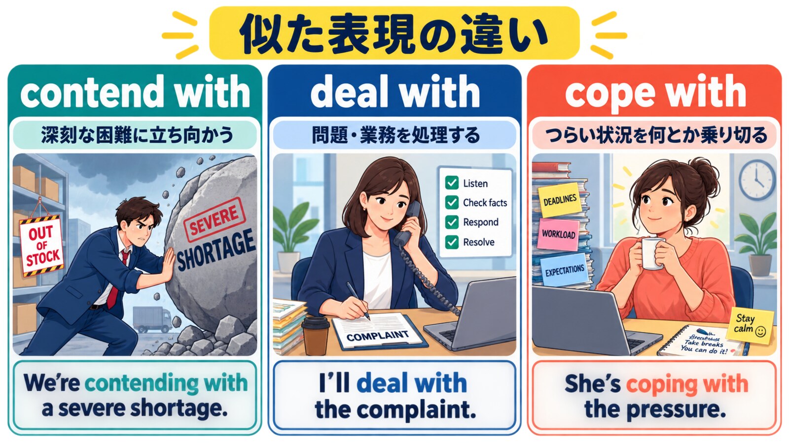 contend with・deal with・cope withのニュアンスの違い