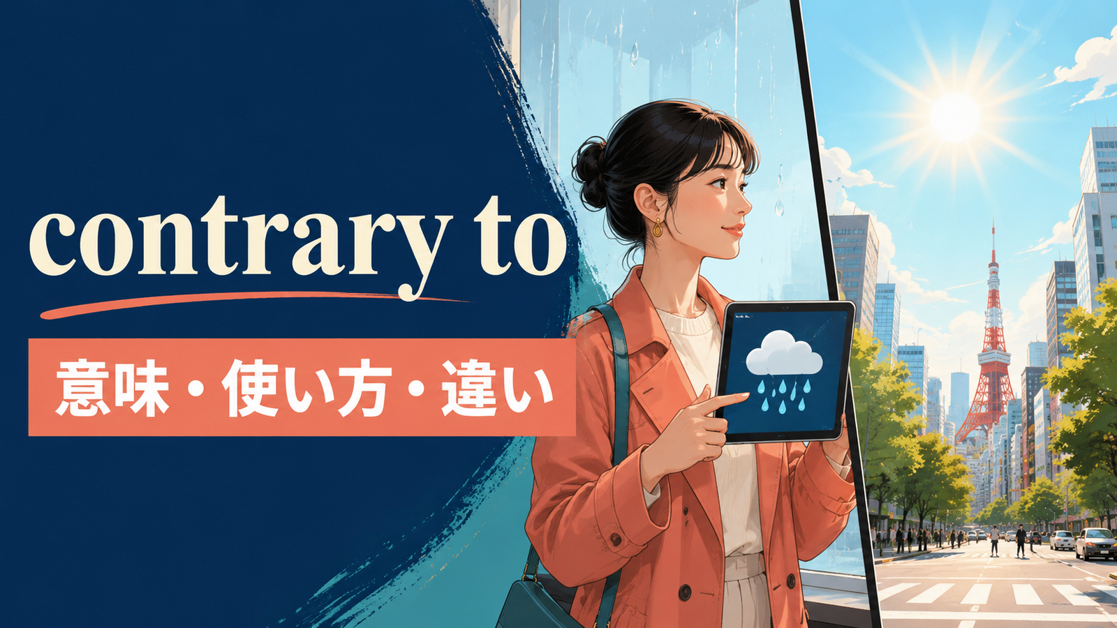 contrary toの意味・使い方・in contrast toやagainstとの違いを示すアイキャッチ