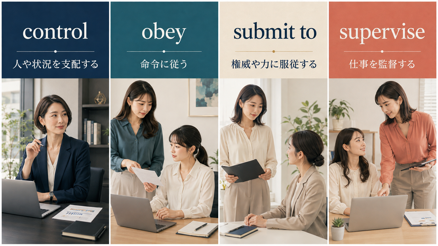 control・obey・submit to・superviseの意味の違いを4場面で比較