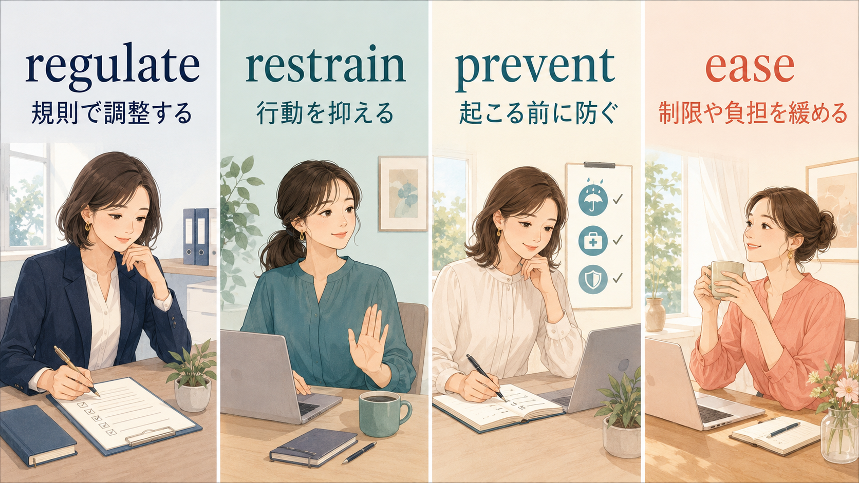 regulate・restrain・prevent・easeの意味の違いを4場面で比較