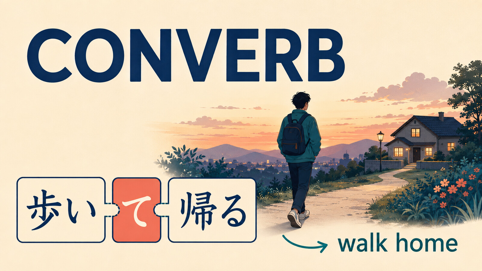 副動詞converbと日本語の歩いて帰るを示す図