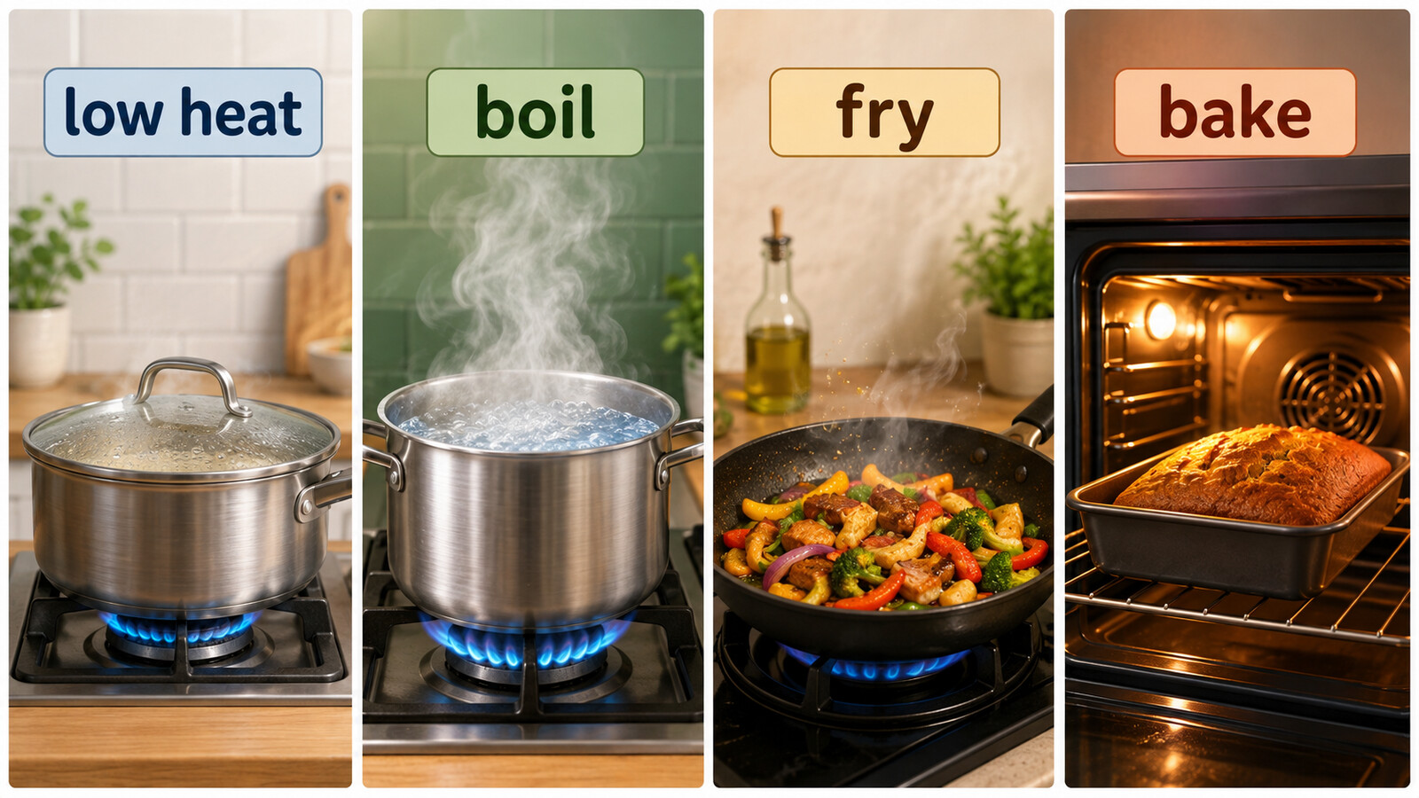 low heat、boil、fry、bakeで加熱調理を説明する図