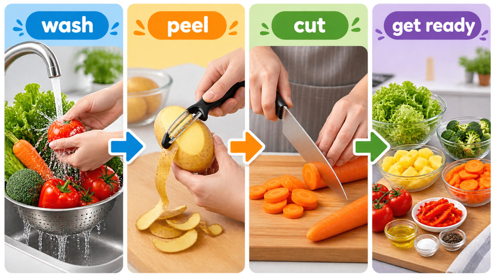 wash、peel、cut、get readyで下ごしらえを説明する図