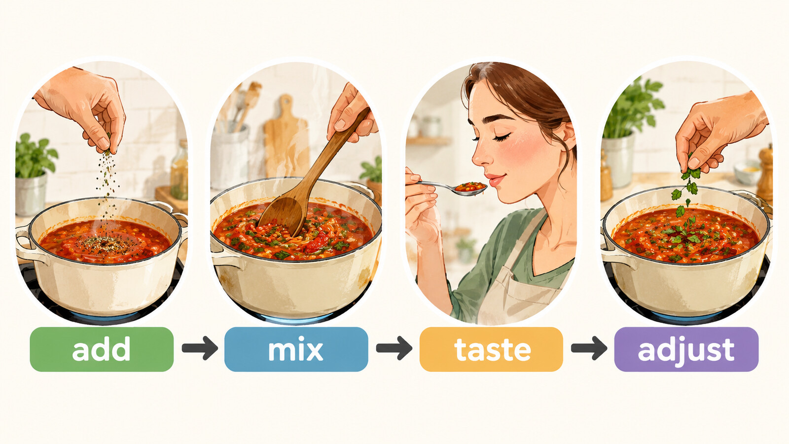 add、mix、taste、adjustで味付けを説明する図