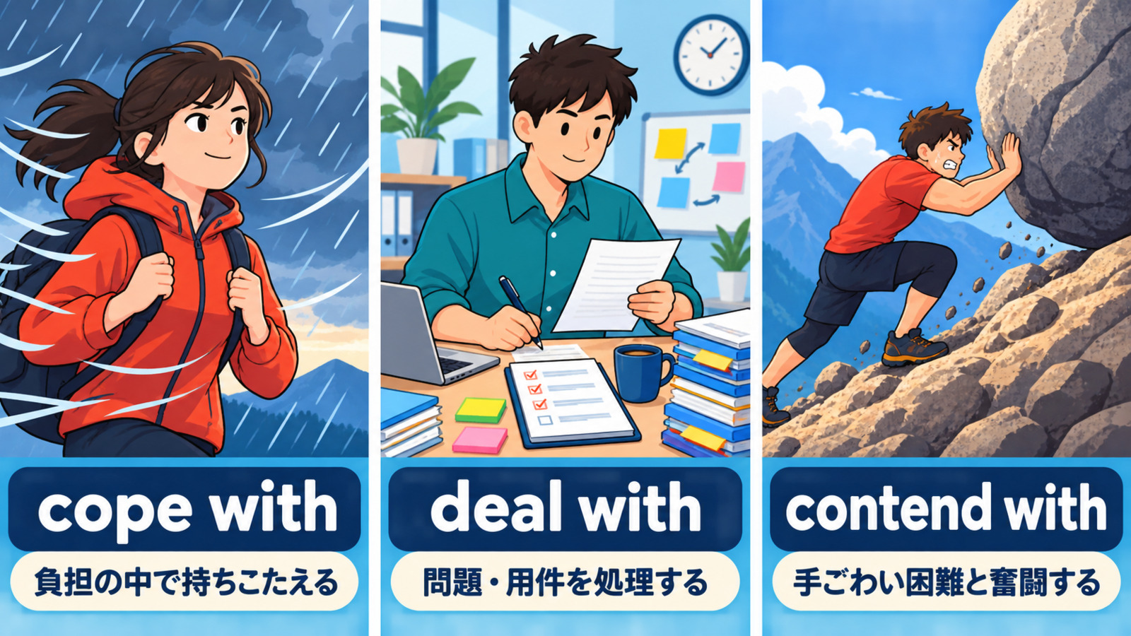 cope with・deal with・contend withのニュアンスの違い
