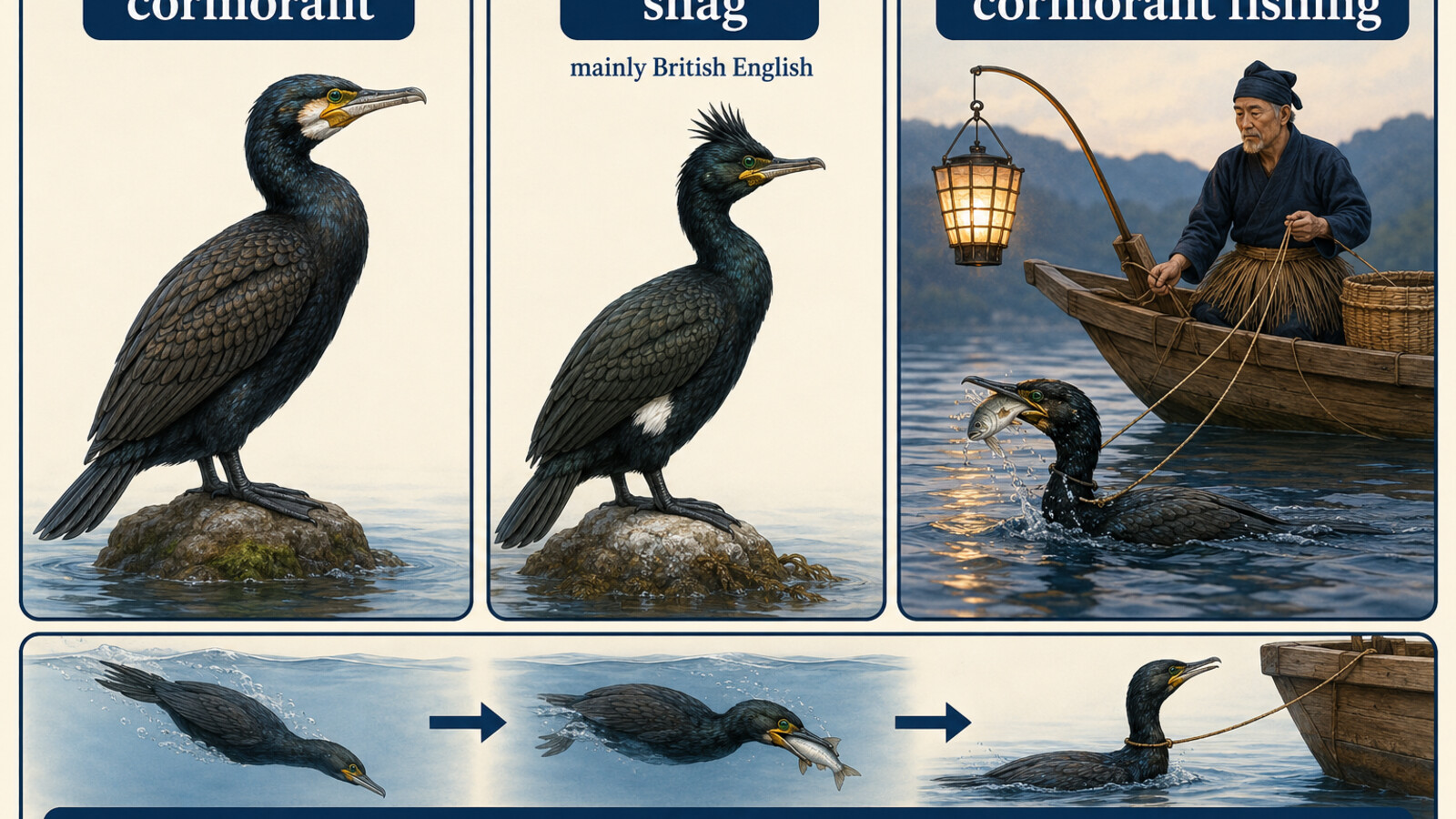 cormorantとshagの違い、鵜飼で魚を捕る流れを示す英語図解