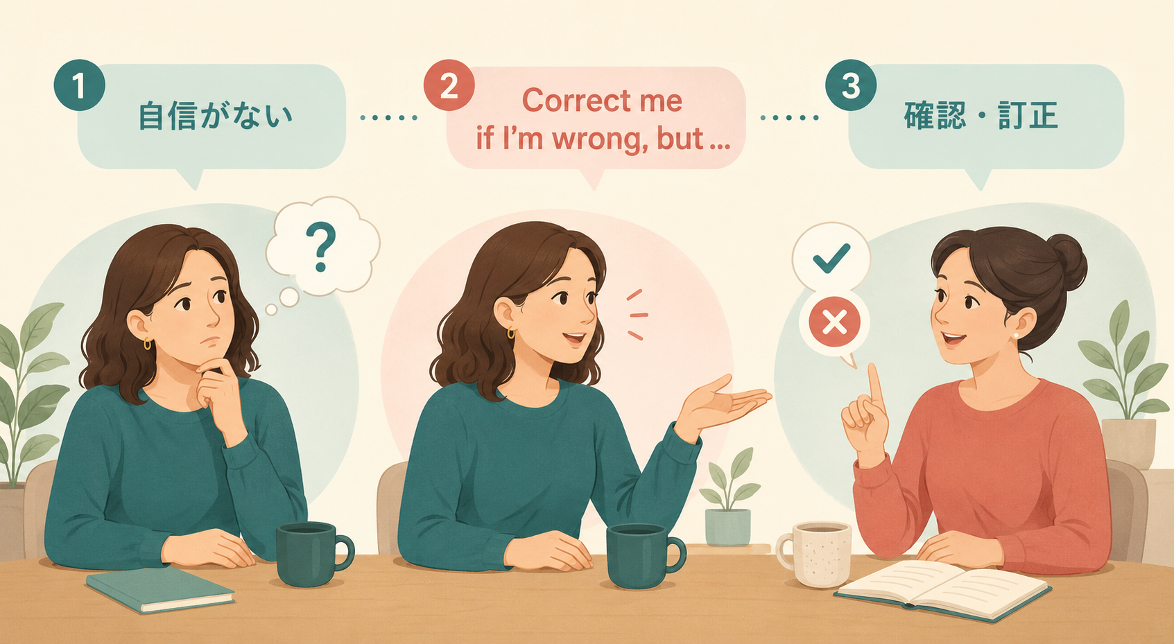 自信がない内容をCorrect me if I’m wrong, but ...で提示し確認や訂正を受ける流れ