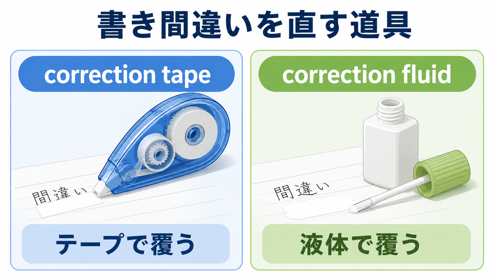 correction tapeはテープで覆いcorrection fluidは液体で覆う違い
